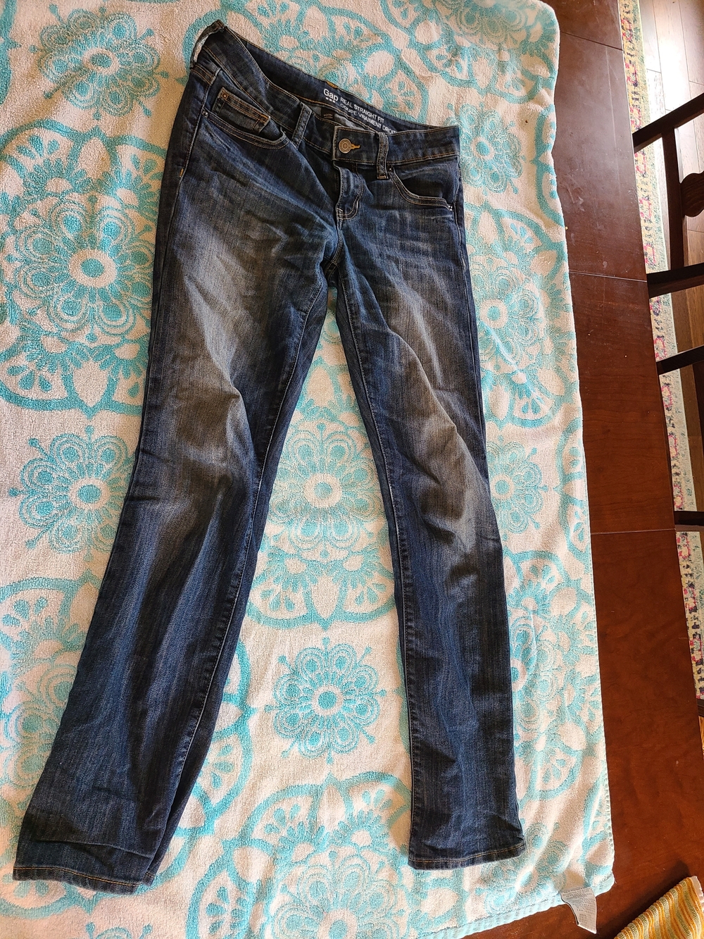 GAP Women's Straight Jeans in Distressed Dark Blue